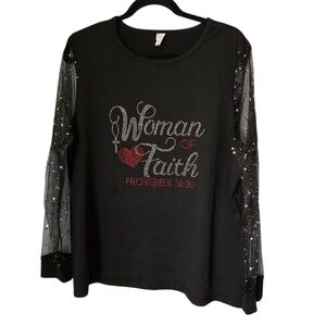Christian Black Sequin Sleeve 'Woman of Faith' Top Size 2X